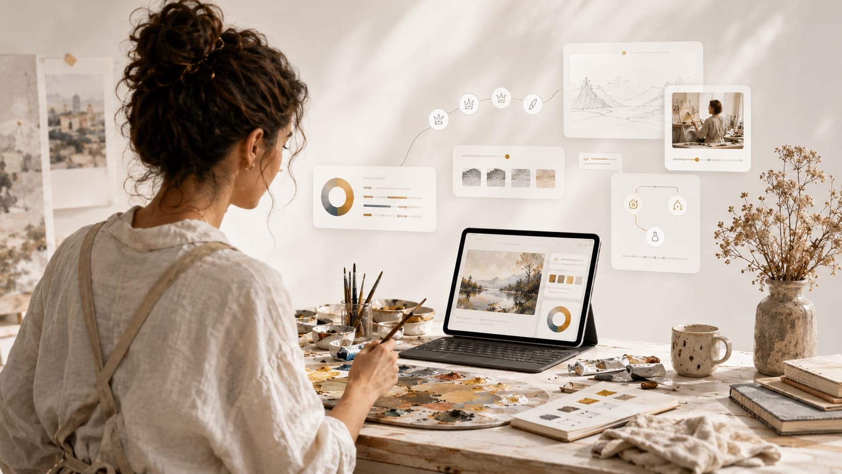 Festő a műtermében, a KINVA digitális műhelyrendszerével egy tableten