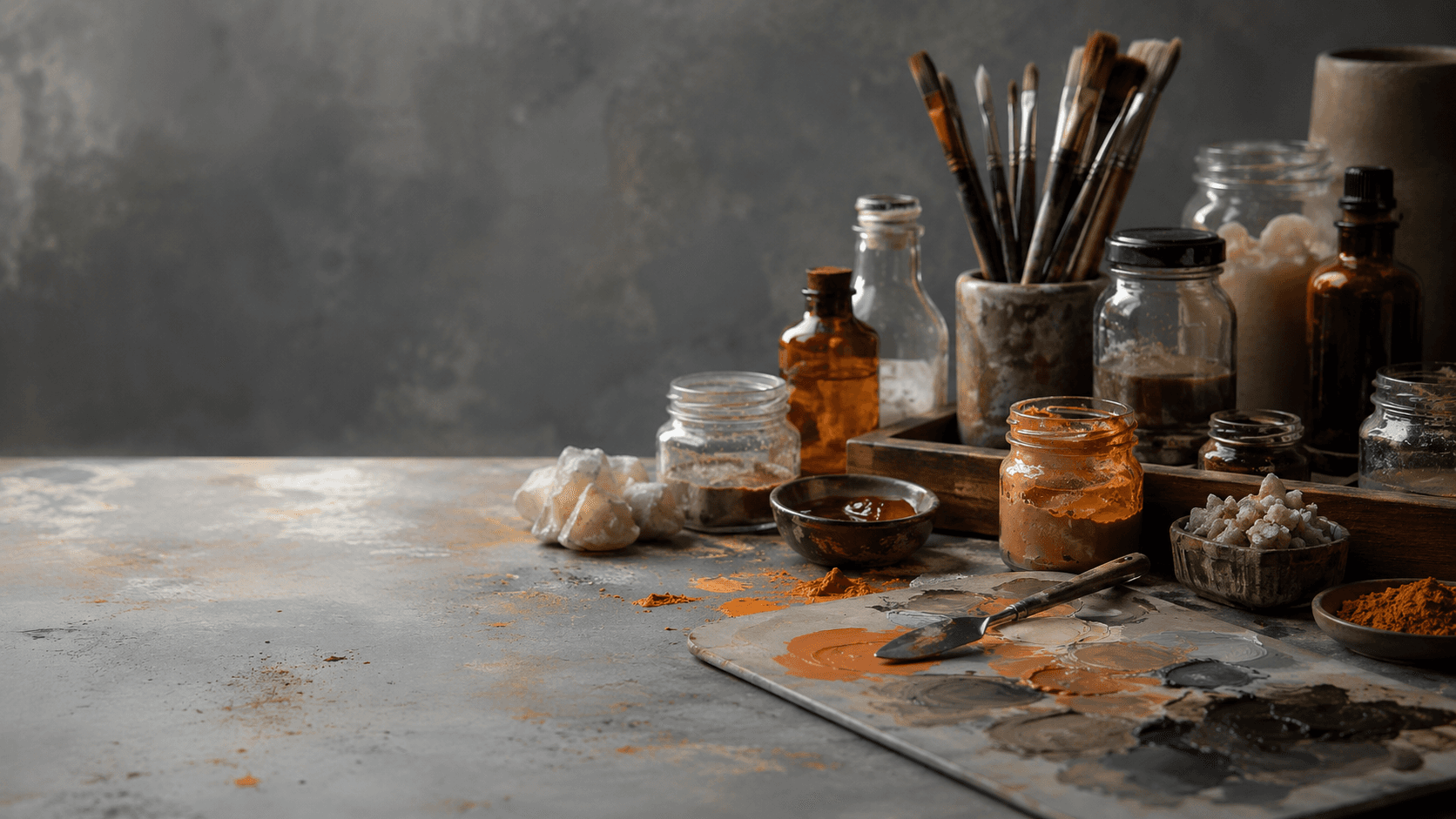 Pigment-alapanyagok, üvegek és ecsetek a műteremben
