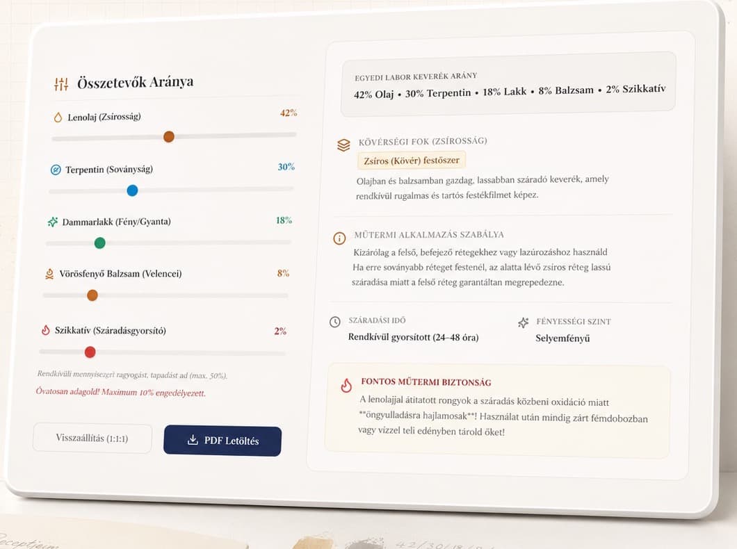 A KINVA Anyag Labor kezelőfelülete összetevőarányokkal és biztonsági útmutatással