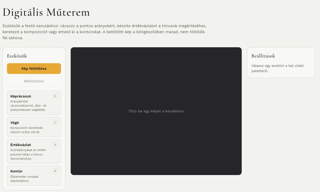 A Digitális Műterem valódi felülete a képrácsozó, vágó, értékvázlat és kontúr eszközökkel