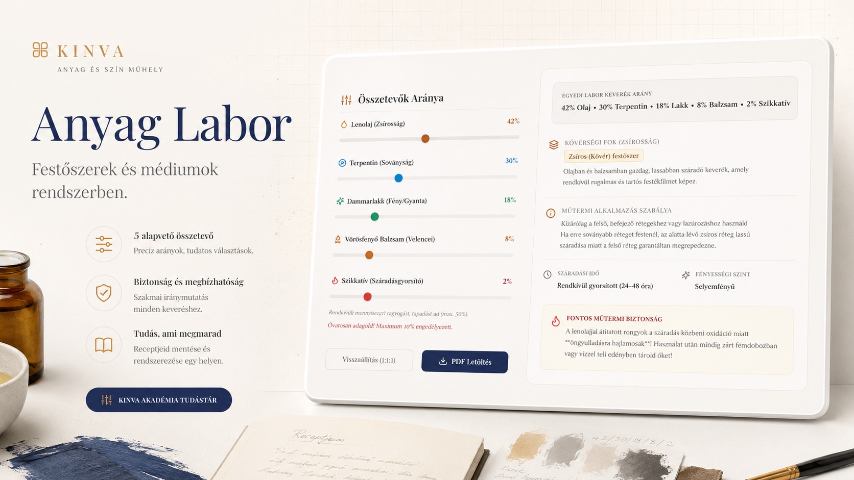 KINVA Anyag Labor: festőszerek, médiumok, felületek és anyagviselkedés rendszerben, 120+ recepttel